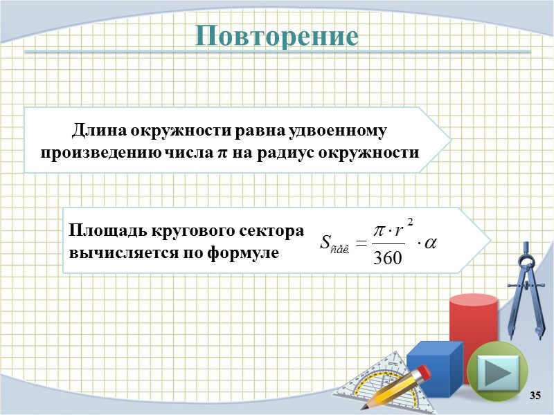 Повторение 35 Длина окружности равна удвоенному произведению числа π на радиус окружности Площадь кругового